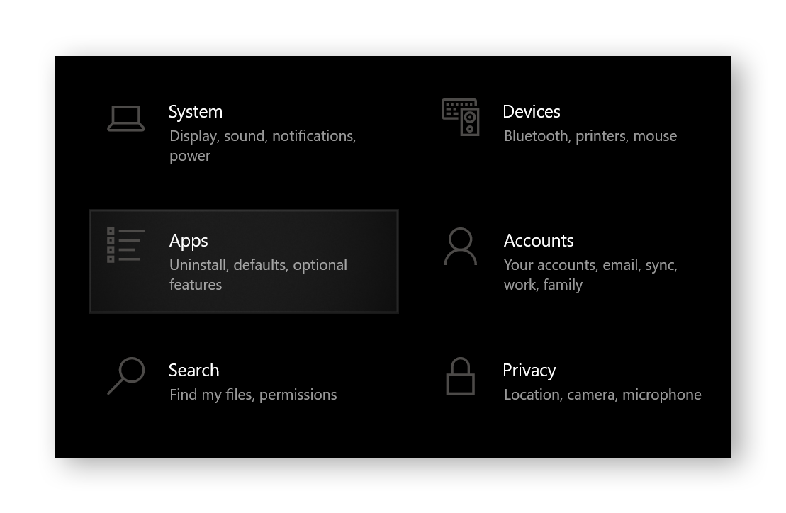 Apps section of the Windows 10 control panel